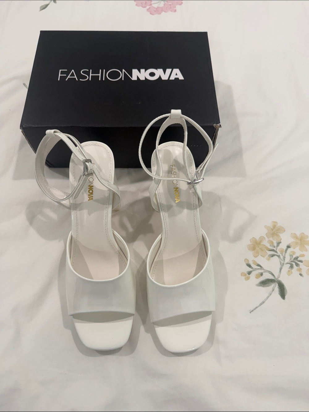 Fashion Nova White Strappy Square-Toe Block Heels